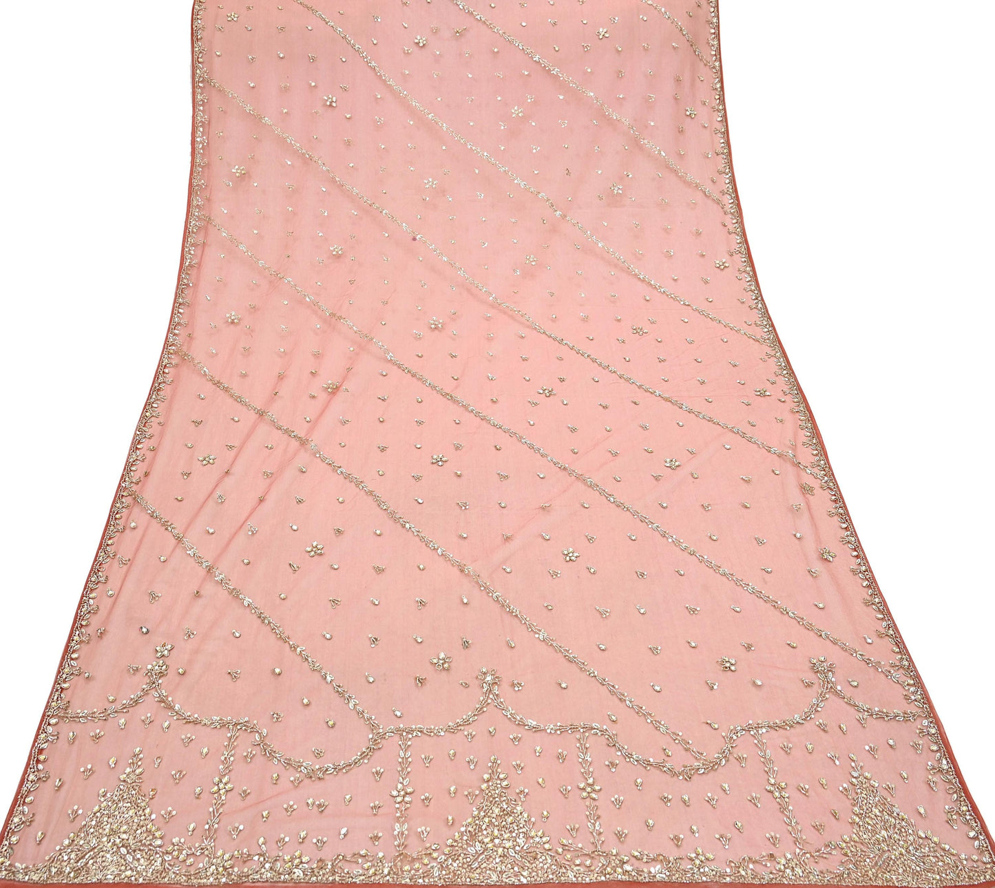 Vintage Bridal Heavy Orange Net Dupatta Hand Embroidered Zardozi, Dabka, Zari, Sequins Work Wedding Veil Stole