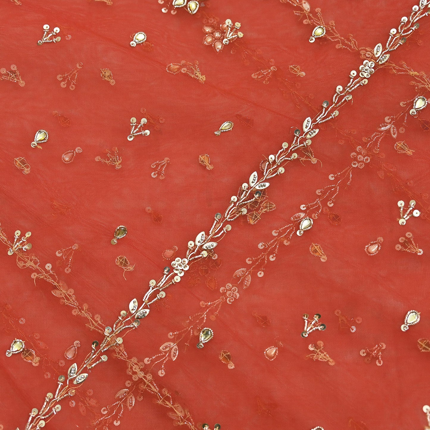 Vintage Bridal Heavy Orange Net Dupatta Hand Embroidered Zardozi, Dabka, Zari, Sequins Work Wedding Veil Stole