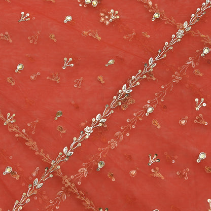 Vintage Bridal Heavy Orange Net Dupatta Hand Embroidered Zardozi, Dabka, Zari, Sequins Work Wedding Veil Stole