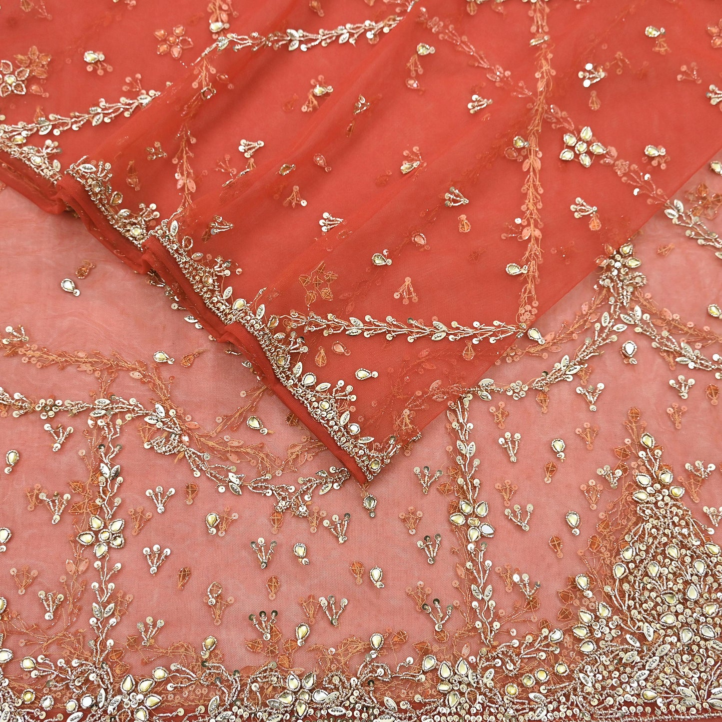 Vintage Bridal Heavy Orange Net Dupatta Hand Embroidered Zardozi, Dabka, Zari, Sequins Work Wedding Veil Stole