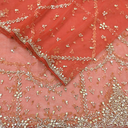 Vintage Bridal Heavy Orange Net Dupatta Hand Embroidered Zardozi, Dabka, Zari, Sequins Work Wedding Veil Stole