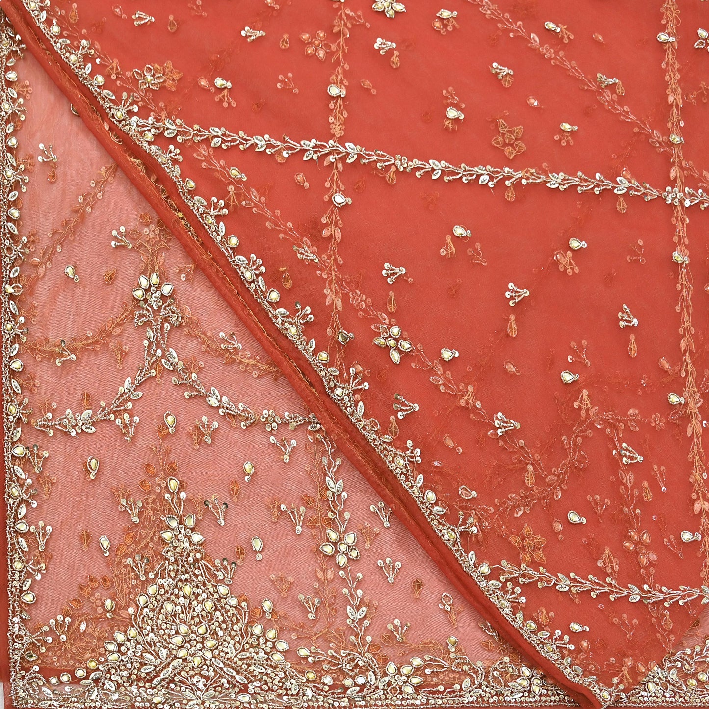 Vintage Bridal Heavy Orange Net Dupatta Hand Embroidered Zardozi, Dabka, Zari, Sequins Work Wedding Veil Stole