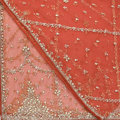 Vintage Bridal Heavy Orange Net Dupatta Hand Embroidered Zardozi, Dabka, Zari, Sequins Work Wedding Veil Stole