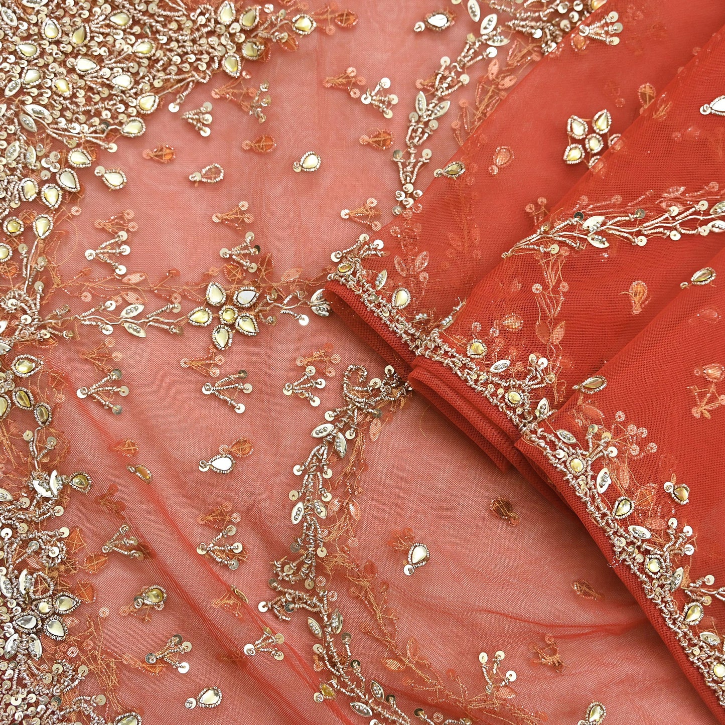 Vintage Bridal Heavy Orange Net Dupatta Hand Embroidered Zardozi, Dabka, Zari, Sequins Work Wedding Veil Stole