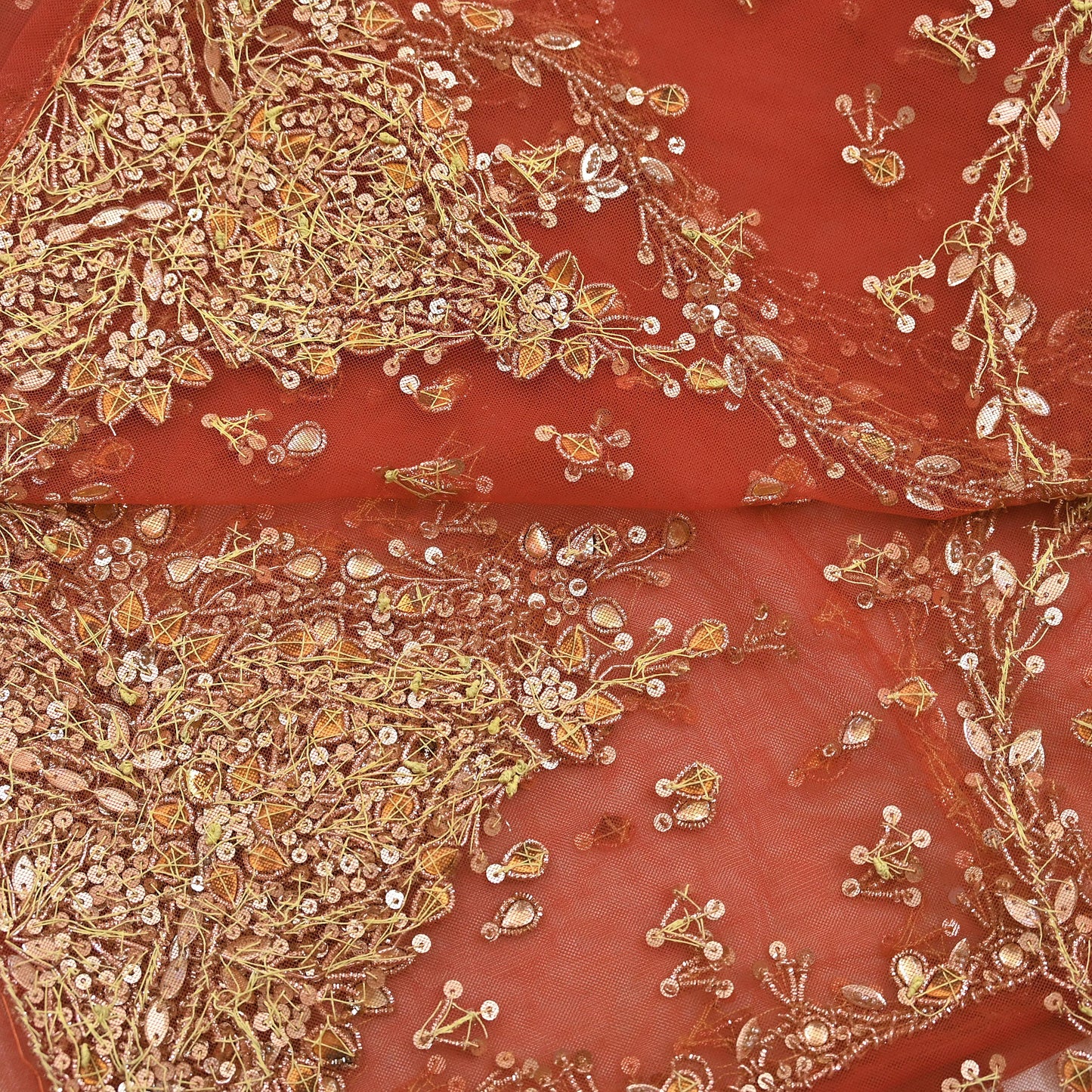 Vintage Bridal Heavy Orange Net Dupatta Hand Embroidered Zardozi, Dabka, Zari, Sequins Work Wedding Veil Stole