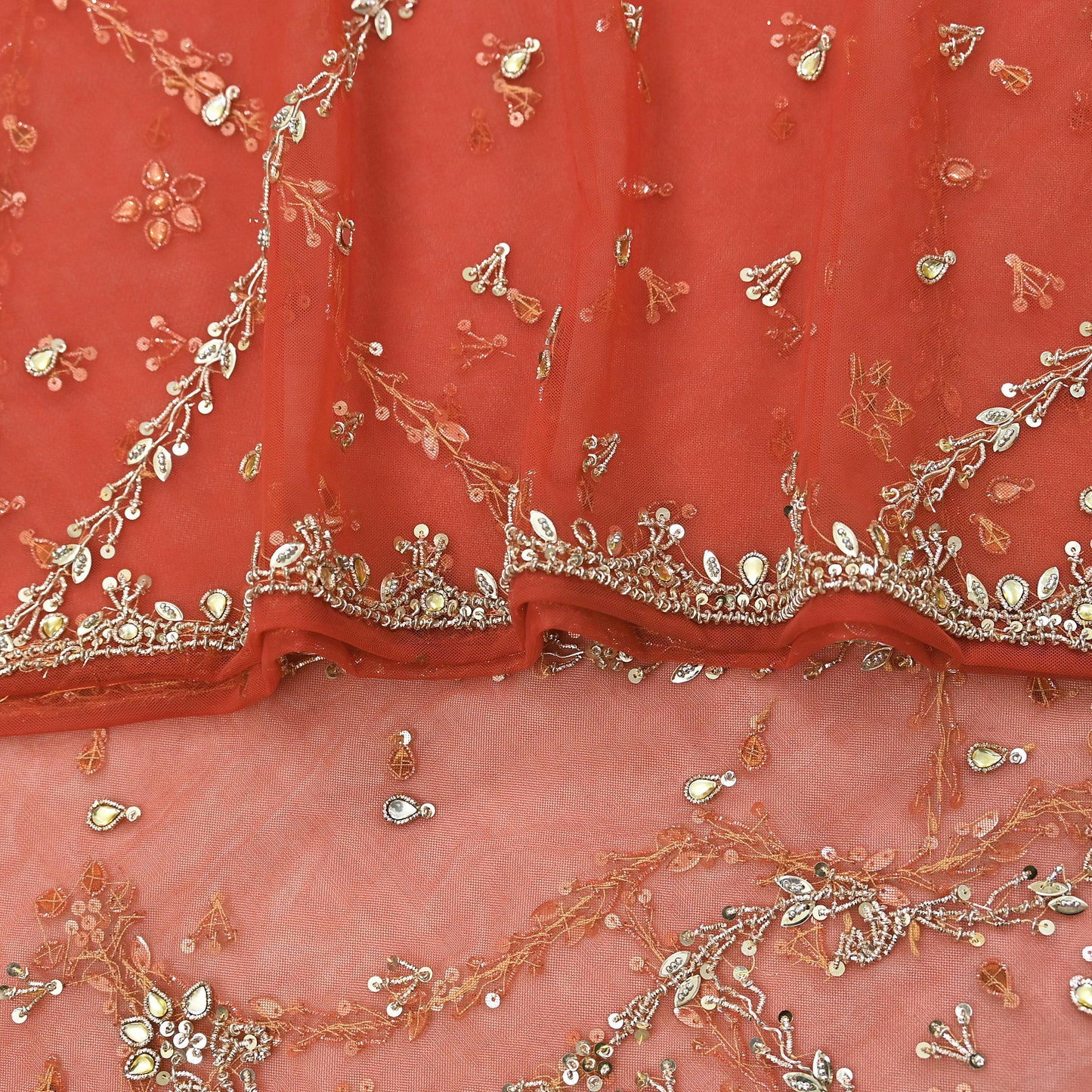 Vintage Bridal Heavy Orange Net Dupatta Hand Embroidered Zardozi, Dabka, Zari, Sequins Work Wedding Veil Stole