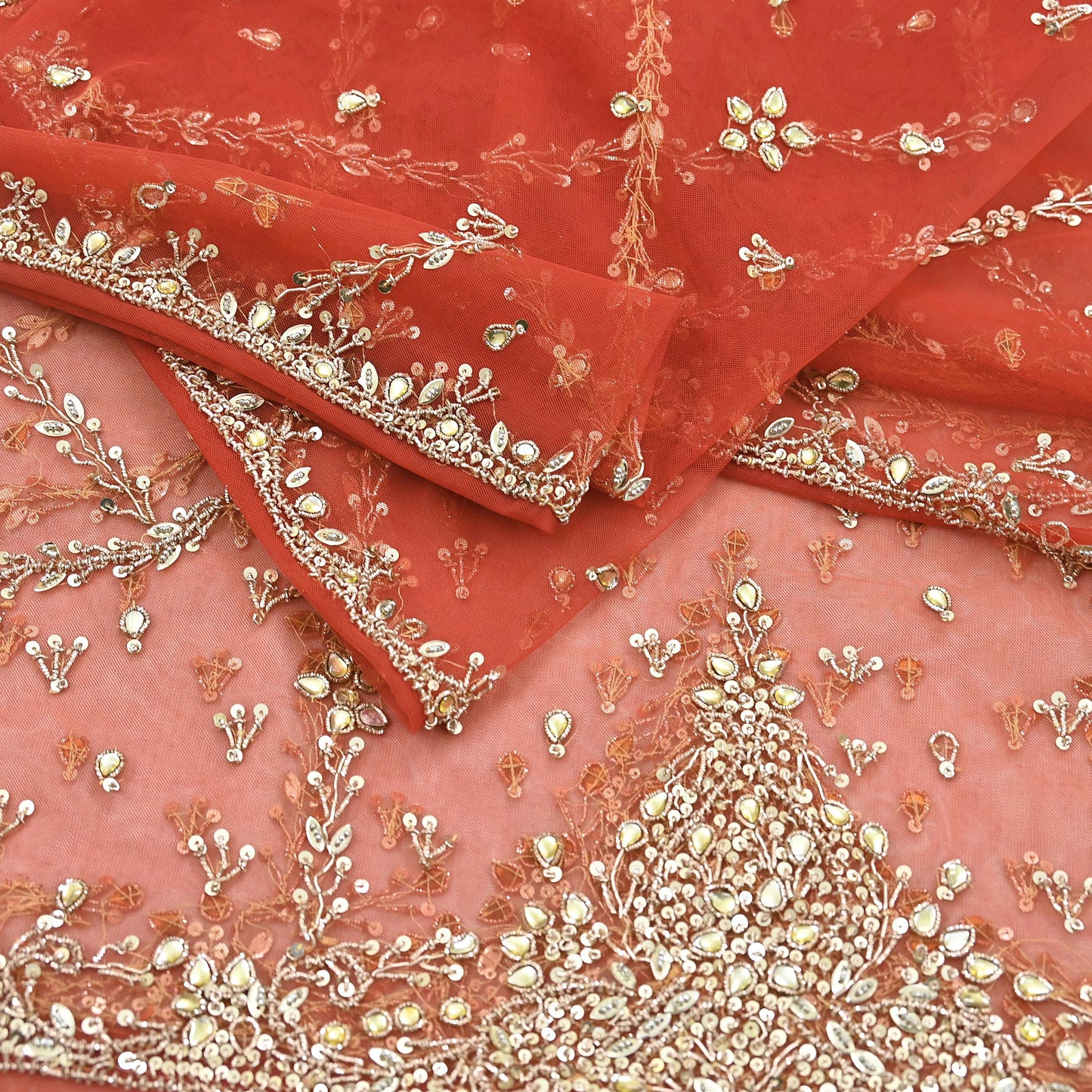 Vintage Bridal Heavy Orange Net Dupatta Hand Embroidered Zardozi, Dabka, Zari, Sequins Work Wedding Veil Stole