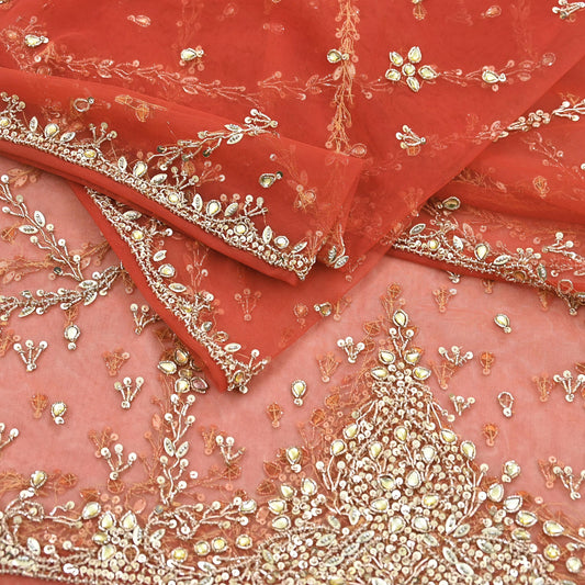 Vintage Bridal Heavy Orange Net Dupatta Hand Embroidered Zardozi, Dabka, Zari, Sequins Work Wedding Veil Stole