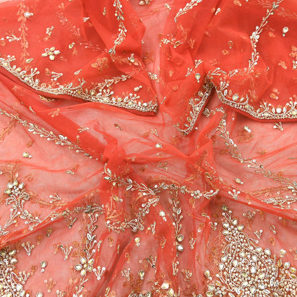 Vintage Bridal Heavy Orange Net Dupatta Hand Embroidered Zardozi, Dabka, Zari, Sequins Work Wedding Veil Stole