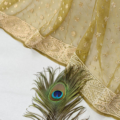 Indian Vintage Heavy Green Dupatta Net Mesh Long Stole Hand Embroidered Scarf Zardozi Zari Sequins Stole Bridal Veil