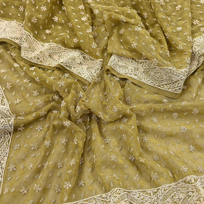 Indian Vintage Heavy Green Dupatta Net Mesh Long Stole Hand Embroidered Scarf Zardozi Zari Sequins Stole Bridal Veil