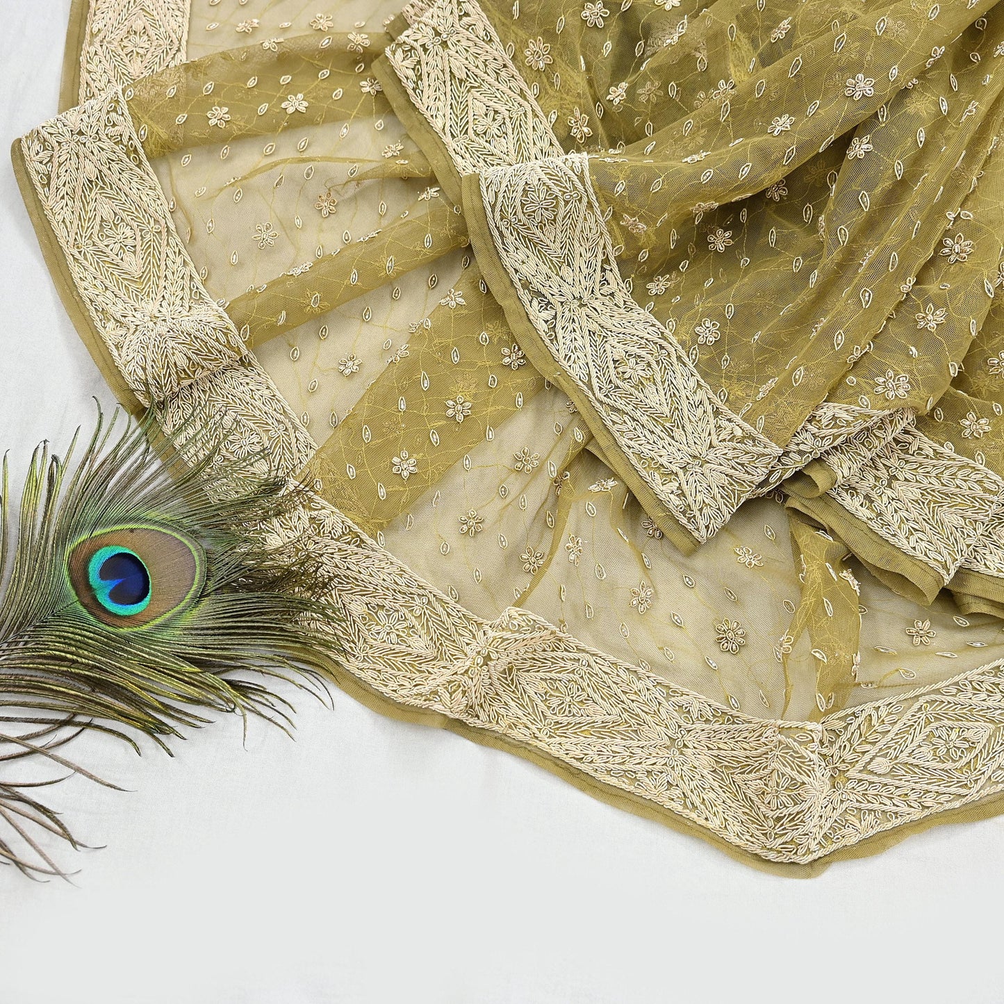 Indian Vintage Heavy Green Dupatta Net Mesh Long Stole Hand Embroidered Scarf Zardozi Zari Sequins Stole Bridal Veil