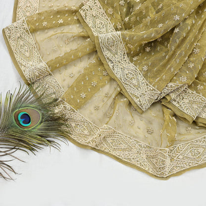 Indian Vintage Heavy Green Dupatta Net Mesh Long Stole Hand Embroidered Scarf Zardozi Zari Sequins Stole Bridal Veil