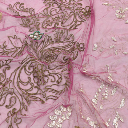 Indian Vintage Heavy Bridal Dupatta Pink Net Mesh Long Stole Hand Embroidered Scarves Silver Zardozi Dabka Zari Sequins Wedding Dupatta