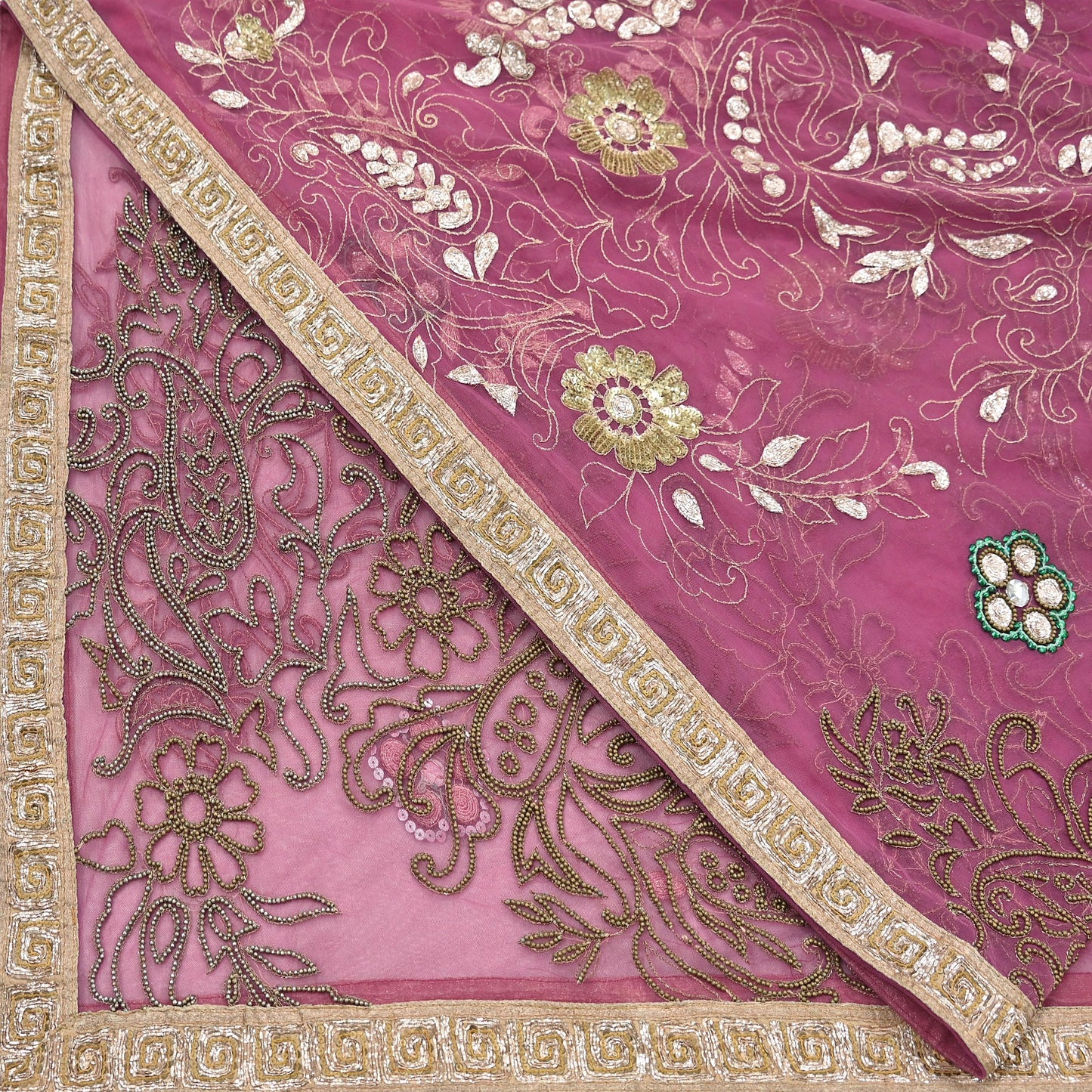 Indian Vintage Heavy Bridal Dupatta Pink Net Mesh Long Stole Hand Embroidered Scarves Silver Zardozi Dabka Zari Sequins Wedding Dupatta