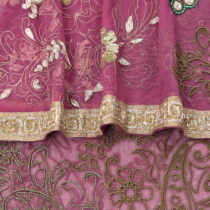 Indian Vintage Heavy Bridal Dupatta Pink Net Mesh Long Stole Hand Embroidered Scarves Silver Zardozi Dabka Zari Sequins Wedding Dupatta