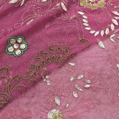 Indian Vintage Heavy Bridal Dupatta Pink Net Mesh Long Stole Hand Embroidered Scarves Silver Zardozi Dabka Zari Sequins Wedding Dupatta