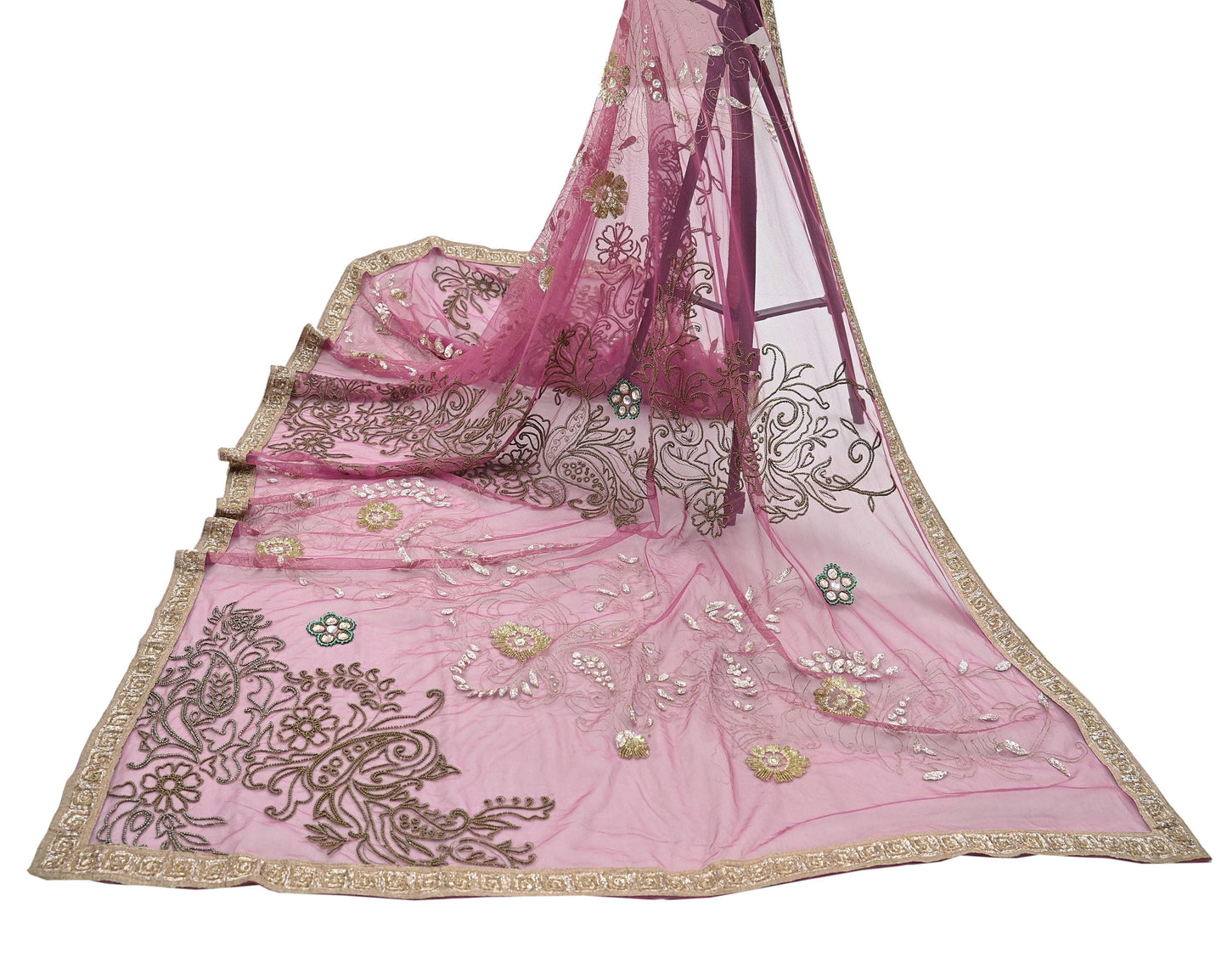 Indian Vintage Heavy Bridal Dupatta Pink Net Mesh Long Stole Hand Embroidered Scarves Silver Zardozi Dabka Zari Sequins Wedding Dupatta