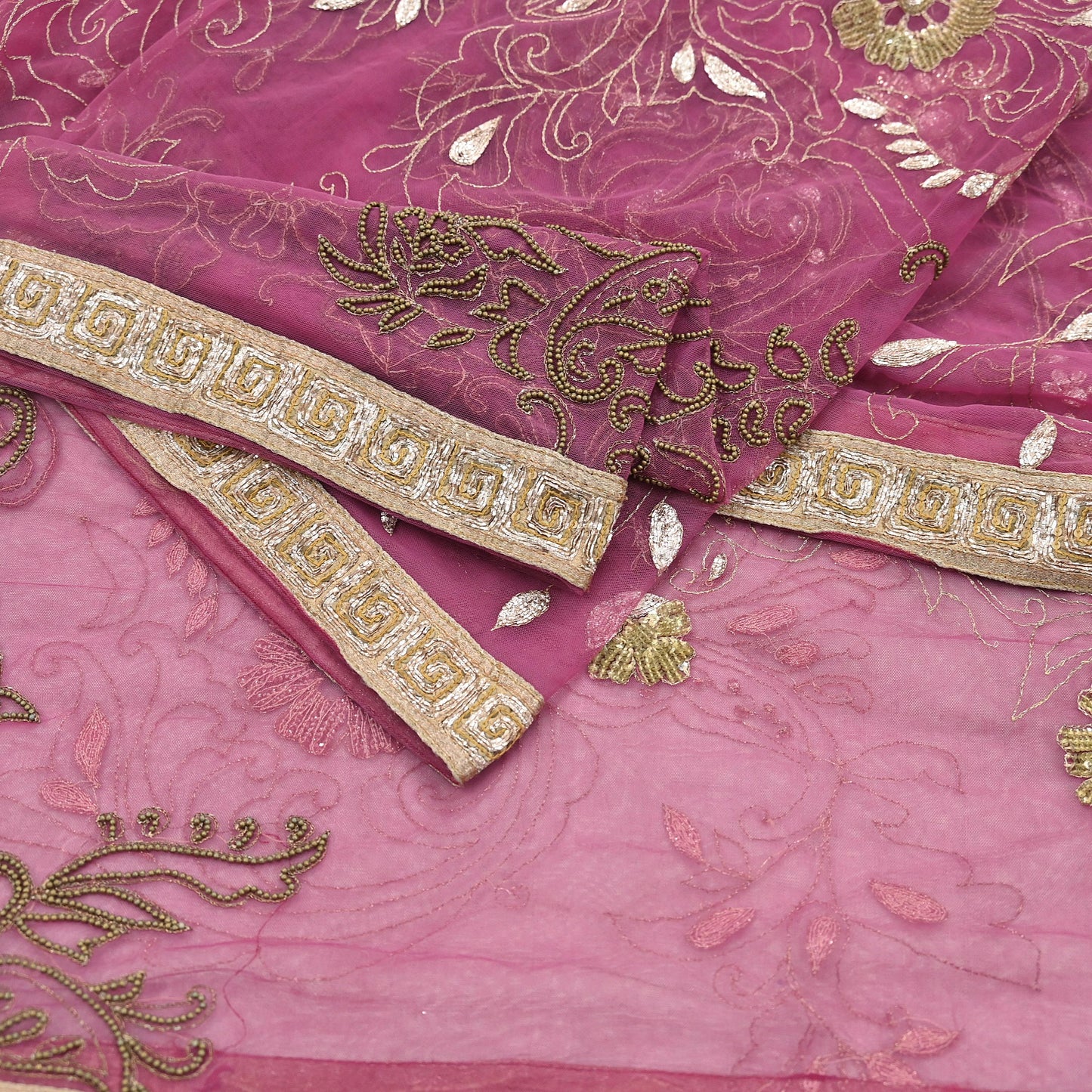 Indian Vintage Heavy Bridal Dupatta Pink Net Mesh Long Stole Hand Embroidered Scarves Silver Zardozi Dabka Zari Sequins Wedding Dupatta