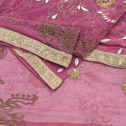 Indian Vintage Heavy Bridal Dupatta Pink Net Mesh Long Stole Hand Embroidered Scarves Silver Zardozi Dabka Zari Sequins Wedding Dupatta