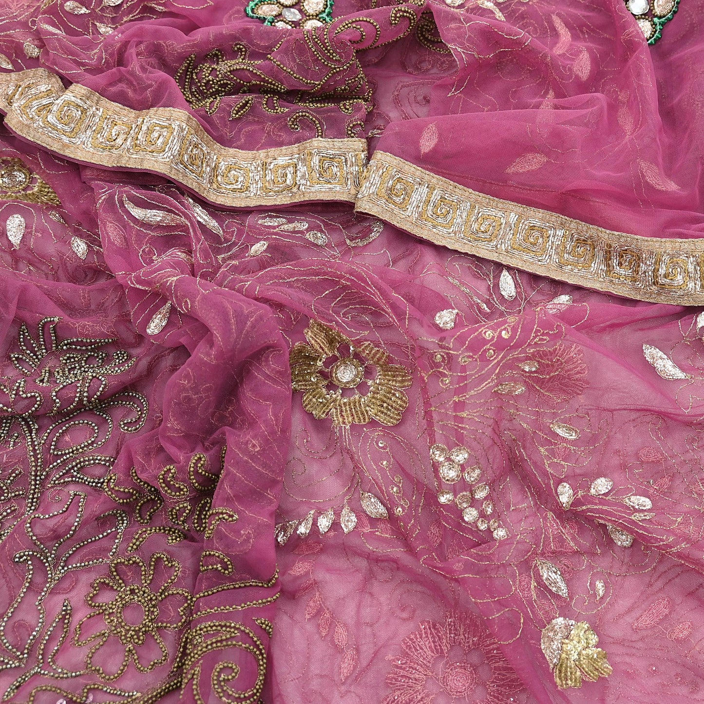 Indian Vintage Heavy Bridal Dupatta Pink Net Mesh Long Stole Hand Embroidered Scarves Silver Zardozi Dabka Zari Sequins Wedding Dupatta