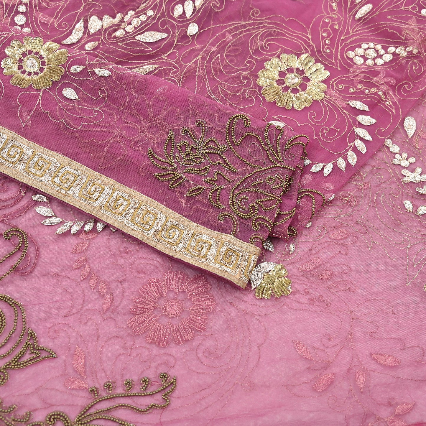 Indian Vintage Heavy Bridal Dupatta Pink Net Mesh Long Stole Hand Embroidered Scarves Silver Zardozi Dabka Zari Sequins Wedding Dupatta