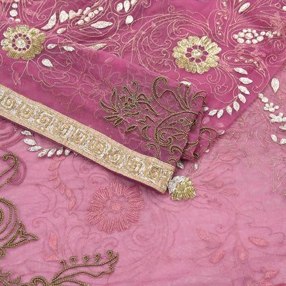 Indian Vintage Heavy Bridal Dupatta Pink Net Mesh Long Stole Hand Embroidered Scarves Silver Zardozi Dabka Zari Sequins Wedding Dupatta