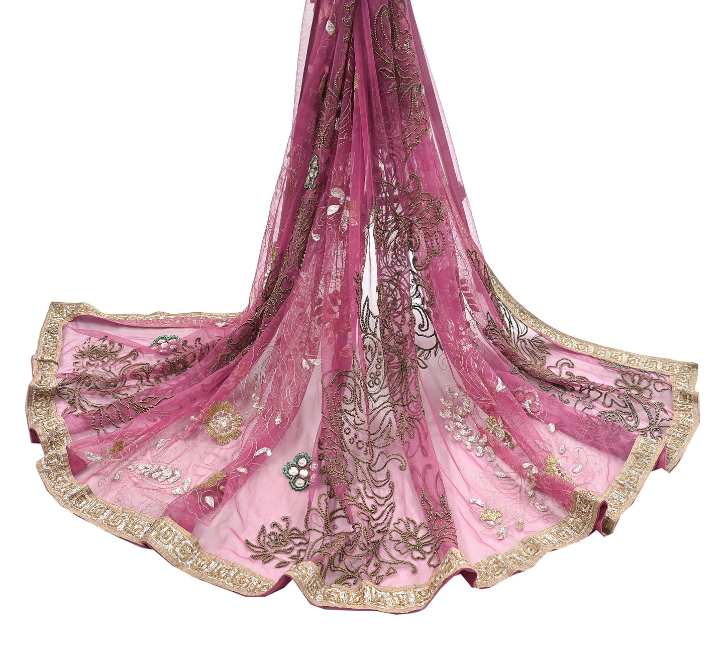 Indian Vintage Heavy Bridal Dupatta Pink Net Mesh Long Stole Hand Embroidered Scarves Silver Zardozi Dabka Zari Sequins Wedding Dupatta