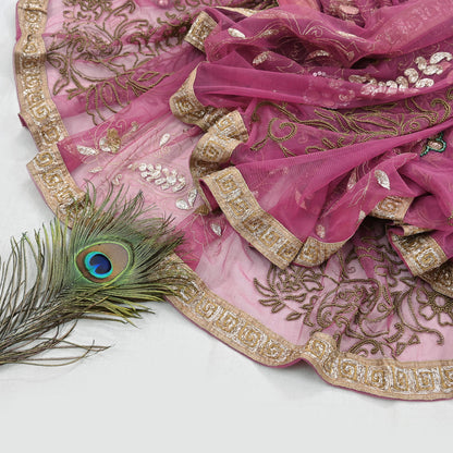 Indian Vintage Heavy Bridal Dupatta Pink Net Mesh Long Stole Hand Embroidered Scarves Silver Zardozi Dabka Zari Sequins Wedding Dupatta