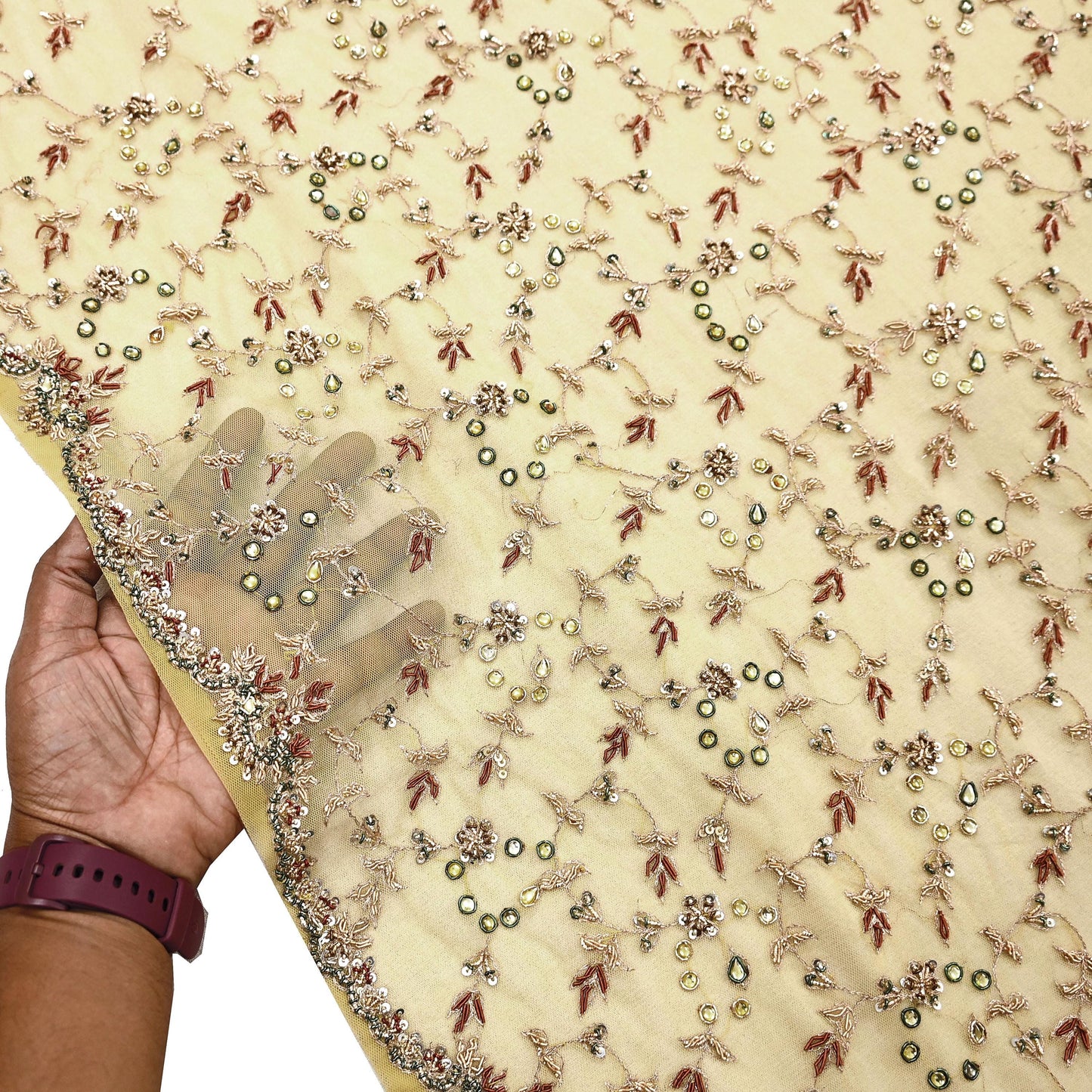 Indian Vintage Heavy Yellow Dupatta Net Mesh Long Stole Hand Embroidered Scarves Golden Zardozi Dabka Zari Stole