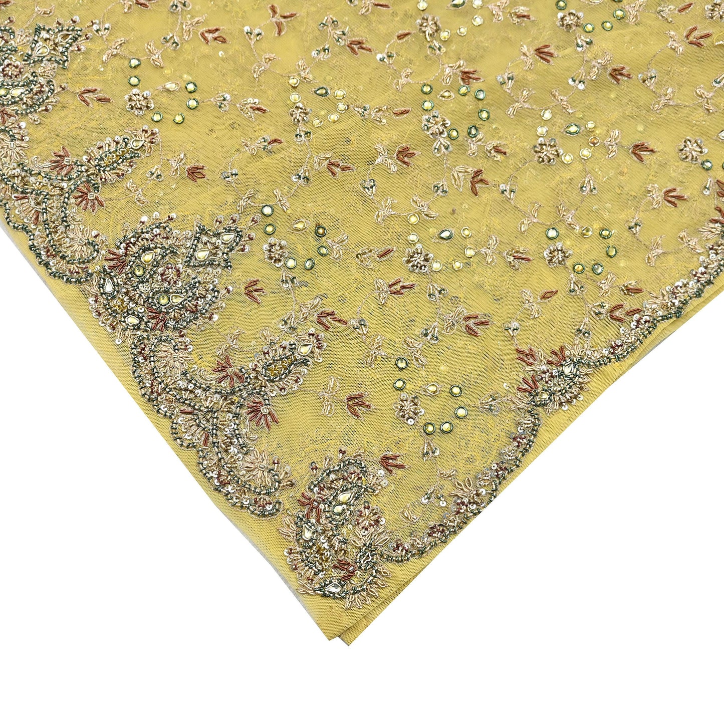 Indian Vintage Heavy Yellow Dupatta Net Mesh Long Stole Hand Embroidered Scarves Golden Zardozi Dabka Zari Stole