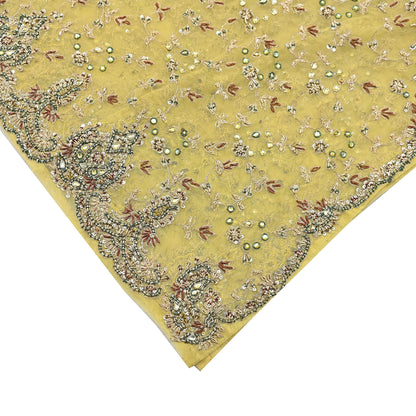 Indian Vintage Heavy Yellow Dupatta Net Mesh Long Stole Hand Embroidered Scarves Golden Zardozi Dabka Zari Stole