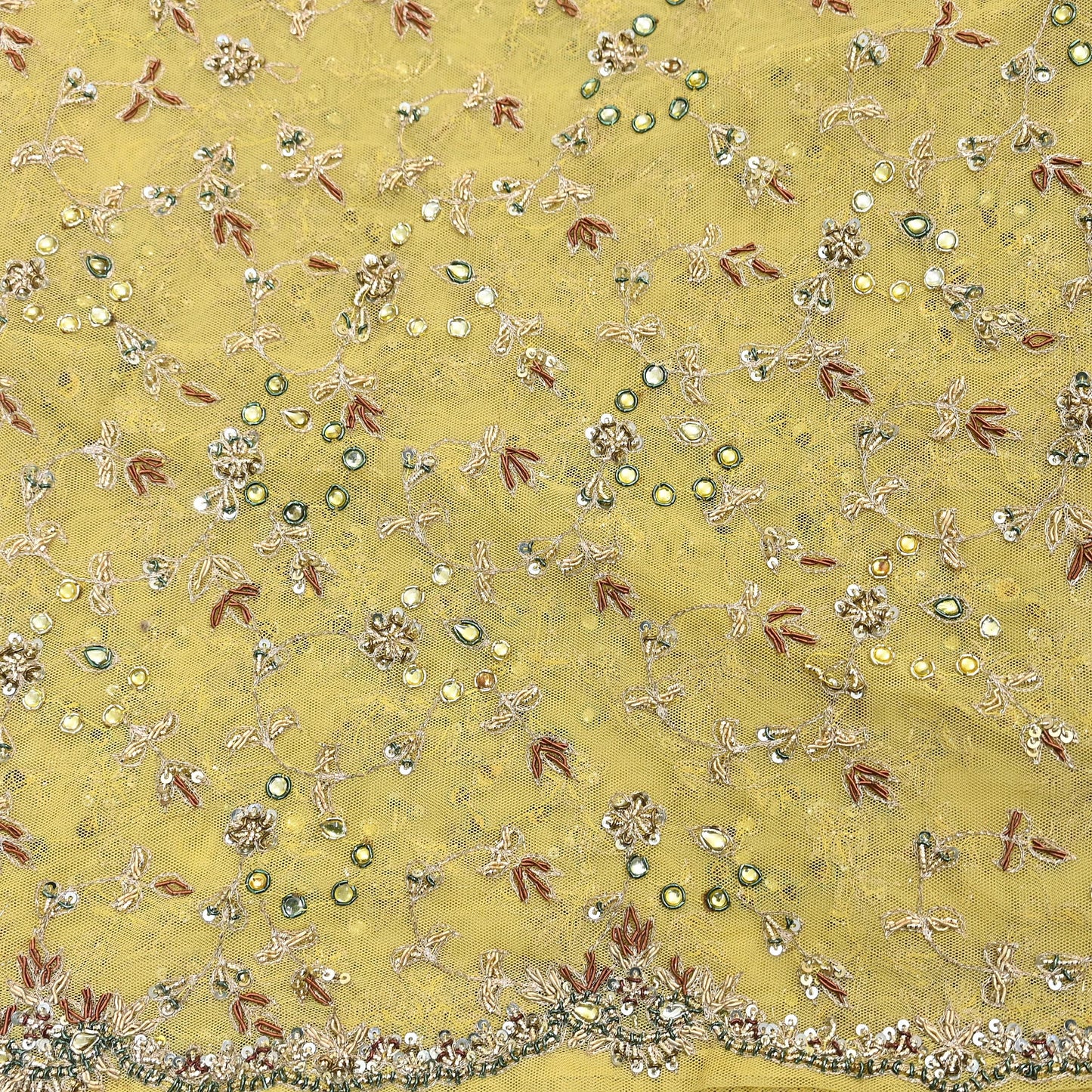 Indian Vintage Heavy Yellow Dupatta Net Mesh Long Stole Hand Embroidered Scarves Golden Zardozi Dabka Zari Stole