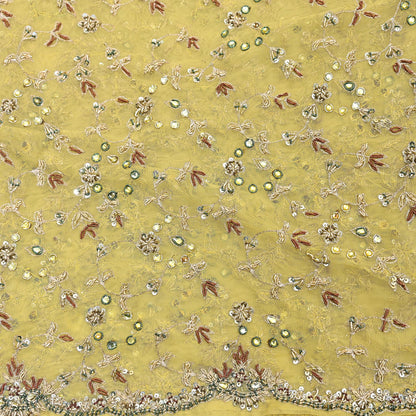 Indian Vintage Heavy Yellow Dupatta Net Mesh Long Stole Hand Embroidered Scarves Golden Zardozi Dabka Zari Stole