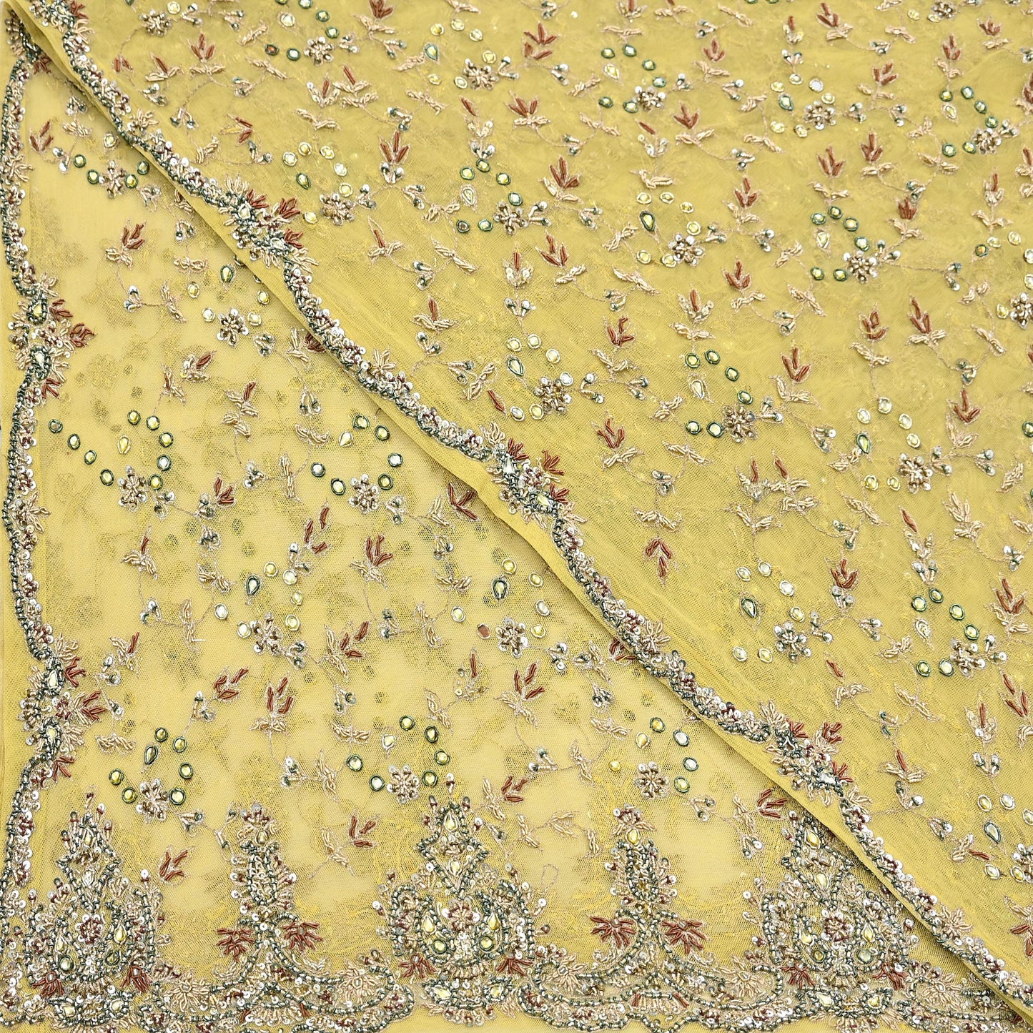 Indian Vintage Heavy Yellow Dupatta Net Mesh Long Stole Hand Embroidered Scarves Golden Zardozi Dabka Zari Stole