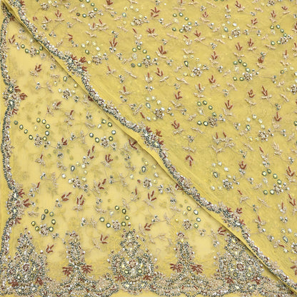 Indian Vintage Heavy Yellow Dupatta Net Mesh Long Stole Hand Embroidered Scarves Golden Zardozi Dabka Zari Stole