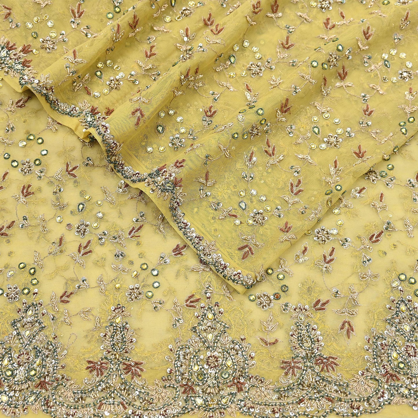 Indian Vintage Heavy Yellow Dupatta Net Mesh Long Stole Hand Embroidered Scarves Golden Zardozi Dabka Zari Stole