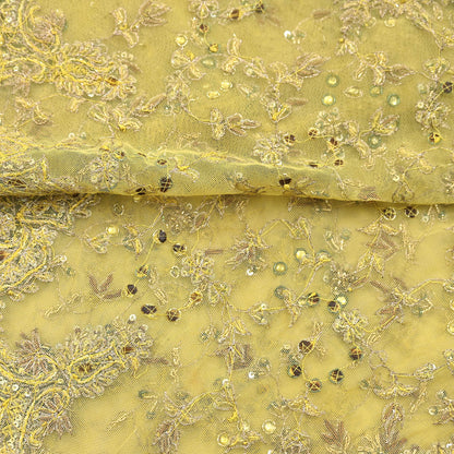 Indian Vintage Heavy Yellow Dupatta Net Mesh Long Stole Hand Embroidered Scarves Golden Zardozi Dabka Zari Stole