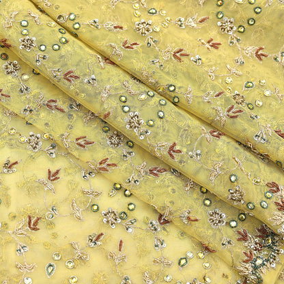 Indian Vintage Heavy Yellow Dupatta Net Mesh Long Stole Hand Embroidered Scarves Golden Zardozi Dabka Zari Stole