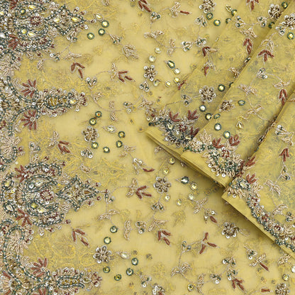 Indian Vintage Heavy Yellow Dupatta Net Mesh Long Stole Hand Embroidered Scarves Golden Zardozi Dabka Zari Stole