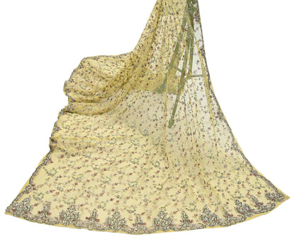 Indian Vintage Heavy Yellow Dupatta Net Mesh Long Stole Hand Embroidered Scarves Golden Zardozi Dabka Zari Stole