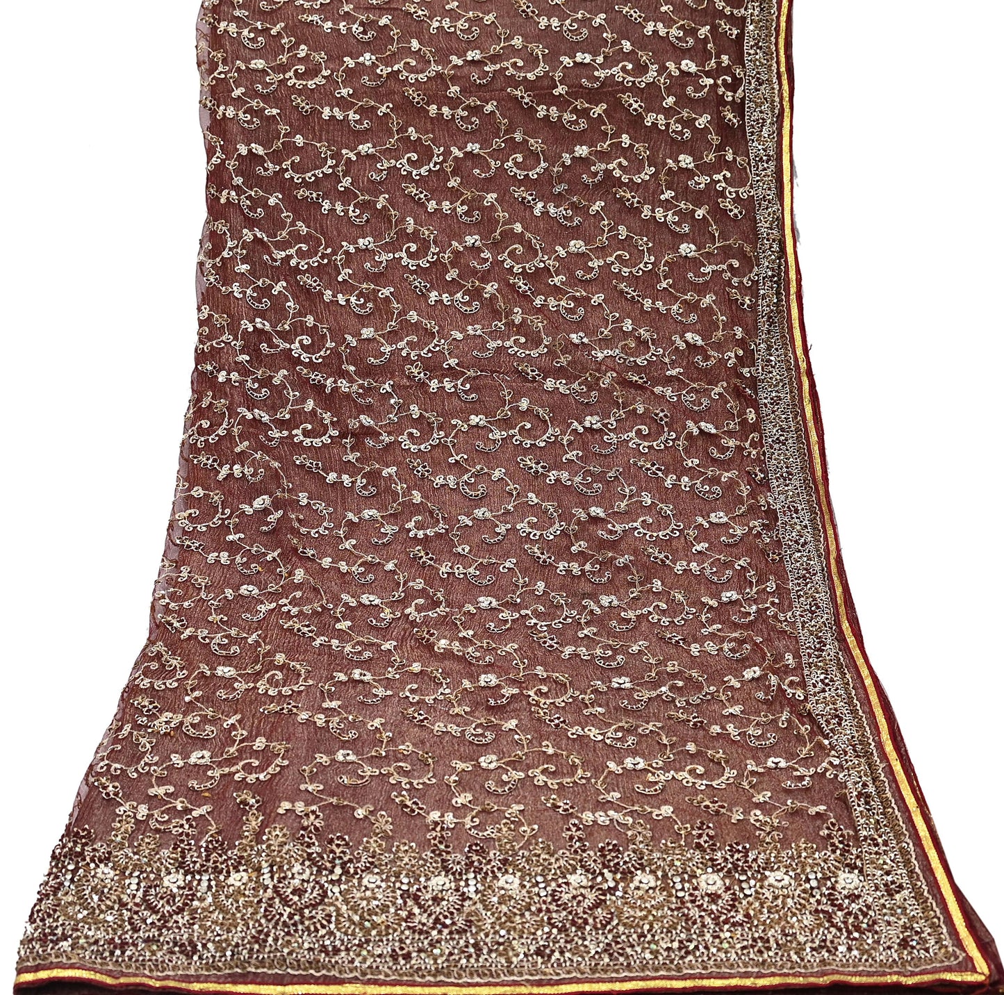 Indian Vintage Heavy Wedding Maroon Dupatta Net Mesh Long Stole Hand Embroidered Scarves Golden Zardozi Zari Sequins Dridal Veil Hijab