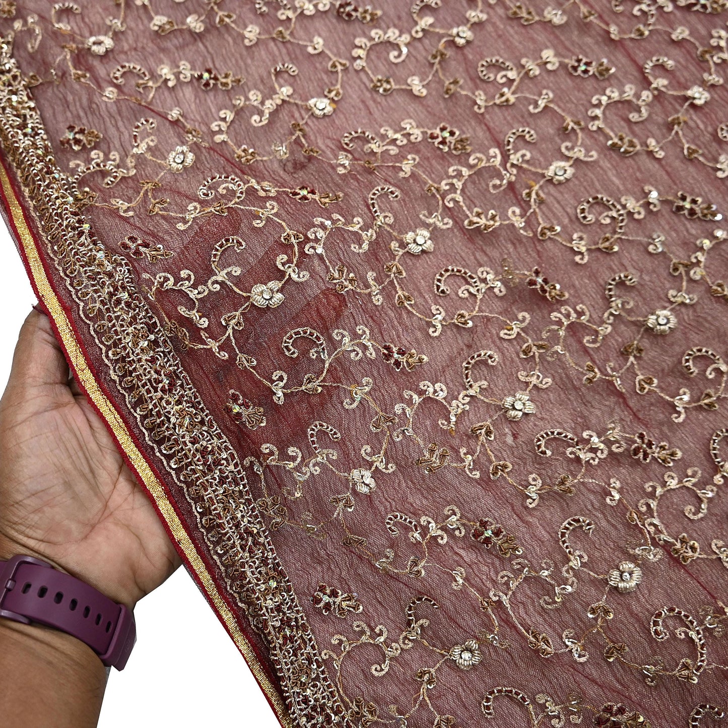 Indian Vintage Heavy Wedding Maroon Dupatta Net Mesh Long Stole Hand Embroidered Scarves Golden Zardozi Zari Sequins Dridal Veil Hijab