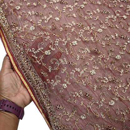 Indian Vintage Heavy Wedding Maroon Dupatta Net Mesh Long Stole Hand Embroidered Scarves Golden Zardozi Zari Sequins Dridal Veil Hijab