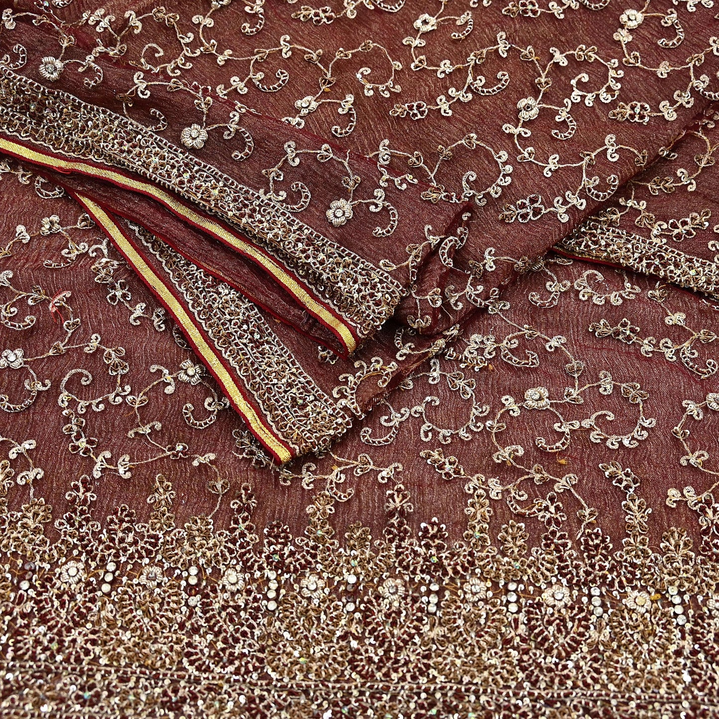 Indian Vintage Heavy Wedding Maroon Dupatta Net Mesh Long Stole Hand Embroidered Scarves Golden Zardozi Zari Sequins Dridal Veil Hijab