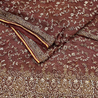 Indian Vintage Heavy Wedding Maroon Dupatta Net Mesh Long Stole Hand Embroidered Scarves Golden Zardozi Zari Sequins Dridal Veil Hijab