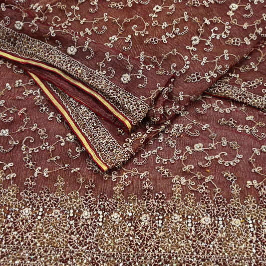 Indian Vintage Heavy Wedding Maroon Dupatta Net Mesh Long Stole Hand Embroidered Scarves Golden Zardozi Zari Sequins Dridal Veil Hijab