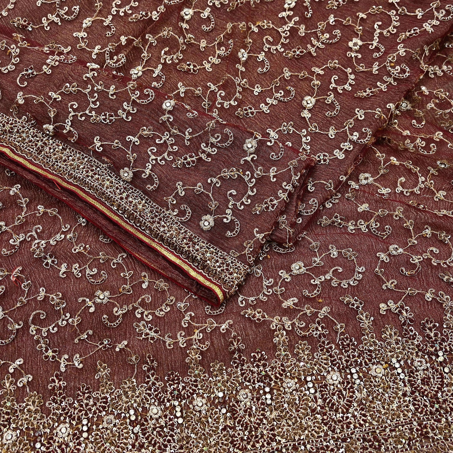 Indian Vintage Heavy Wedding Maroon Dupatta Net Mesh Long Stole Hand Embroidered Scarves Golden Zardozi Zari Sequins Dridal Veil Hijab