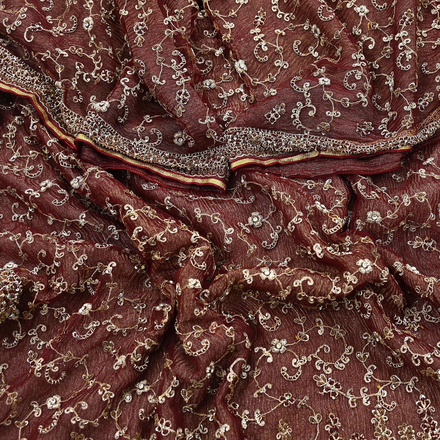 Indian Vintage Heavy Wedding Maroon Dupatta Net Mesh Long Stole Hand Embroidered Scarves Golden Zardozi Zari Sequins Dridal Veil Hijab