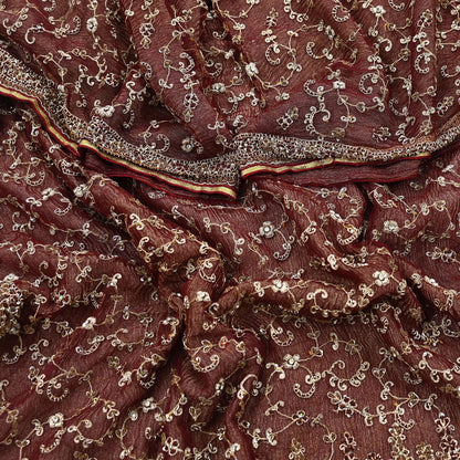 Indian Vintage Heavy Wedding Maroon Dupatta Net Mesh Long Stole Hand Embroidered Scarves Golden Zardozi Zari Sequins Dridal Veil Hijab